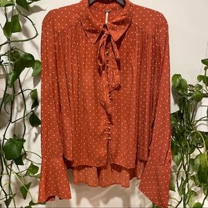 Free people tie neck secretary blouse pin dot